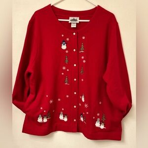 Vintage Metropolitan cardigan Red Snowman Christmas Tree Snap-Up Sweater Size XL